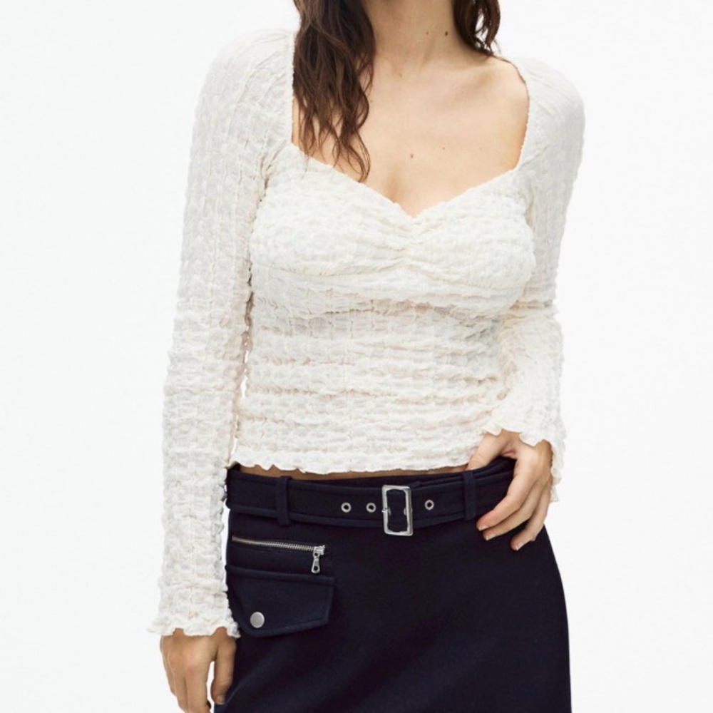 Pull & Bear Cream Ruched Sweetheart Neckline Coquette Romantic Cottagecore Y2K